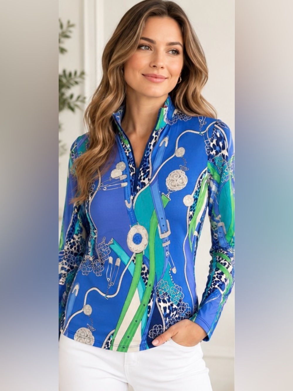 Gottex Blue & Green Long-Sleeve Zip-Front Top